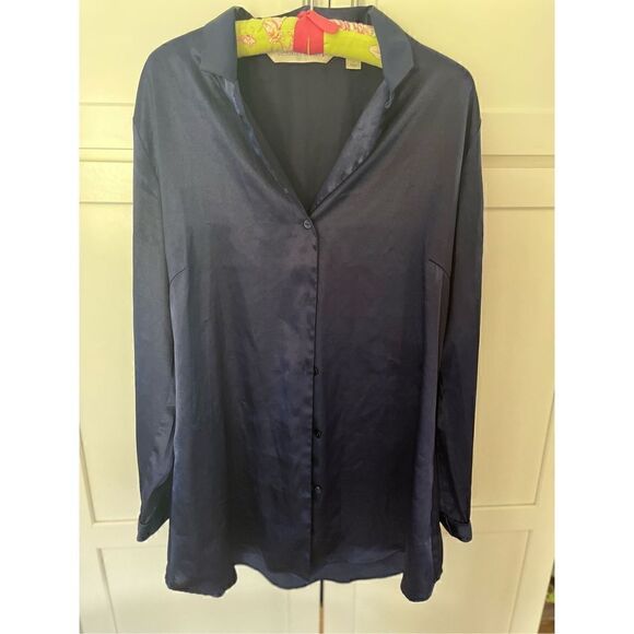 Vintage Victoria’s Secret Women’s Silky Navy Night Shirt Sz L Button Up - Picture 1 of 8